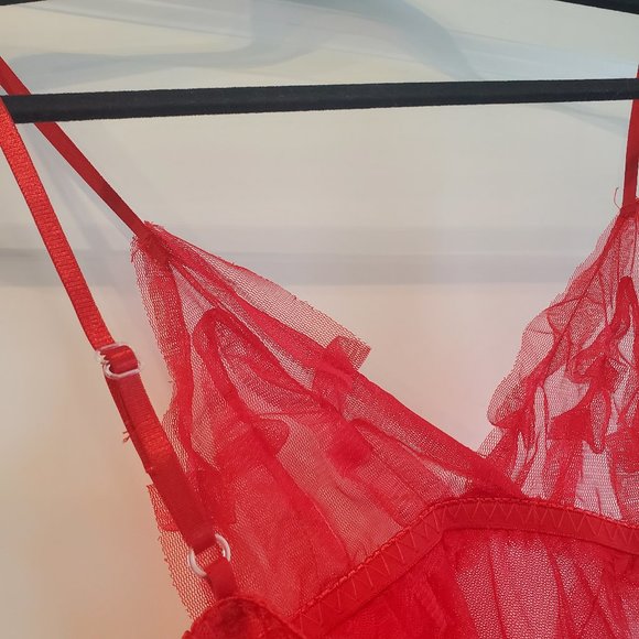 Red sheer babydoll lingerie sleepwear dress with open front slit OS - Picture 3 of 9